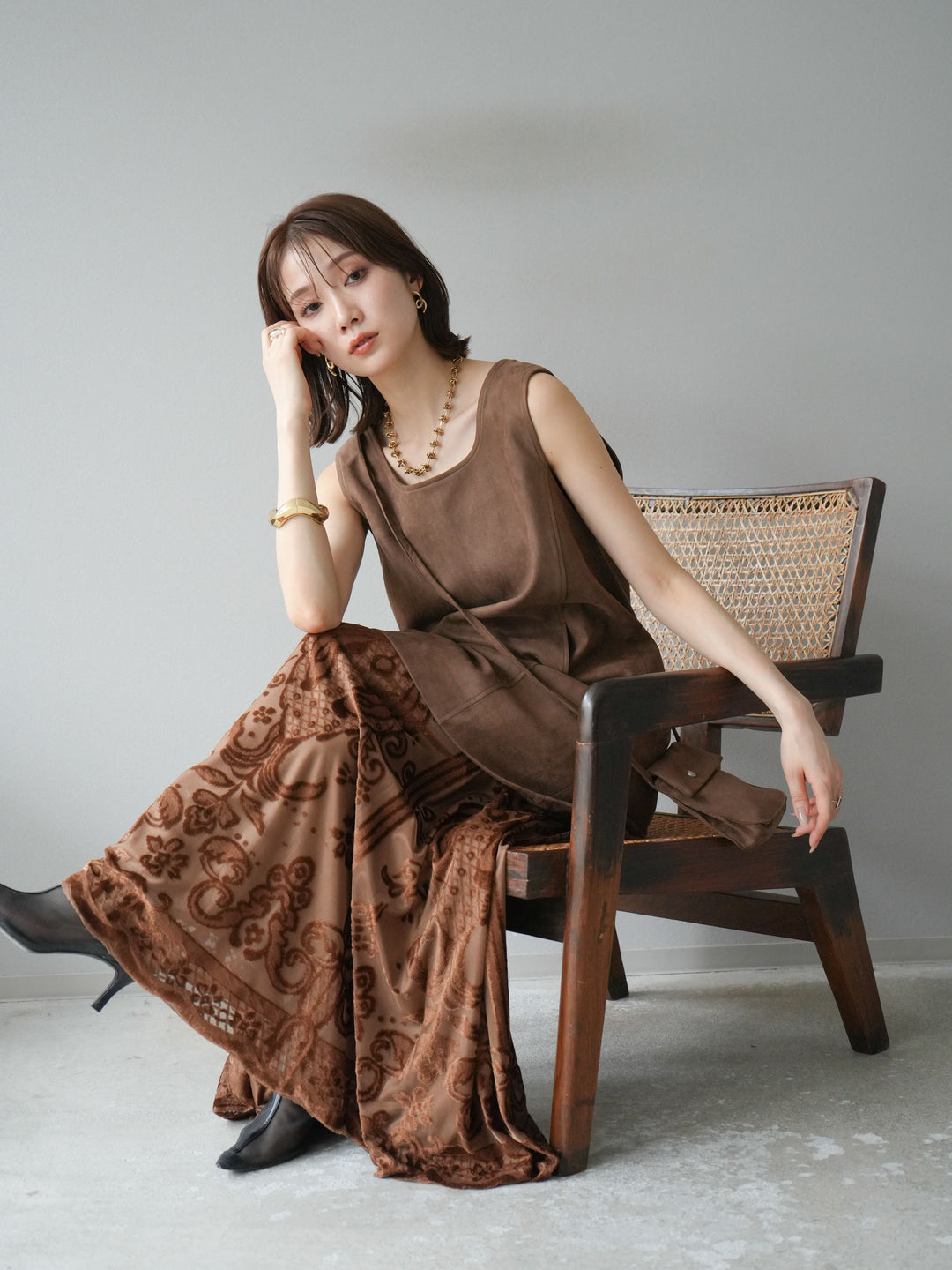 [予約]ショルダーポーチ付スウェードミニワンピース/ブラウン