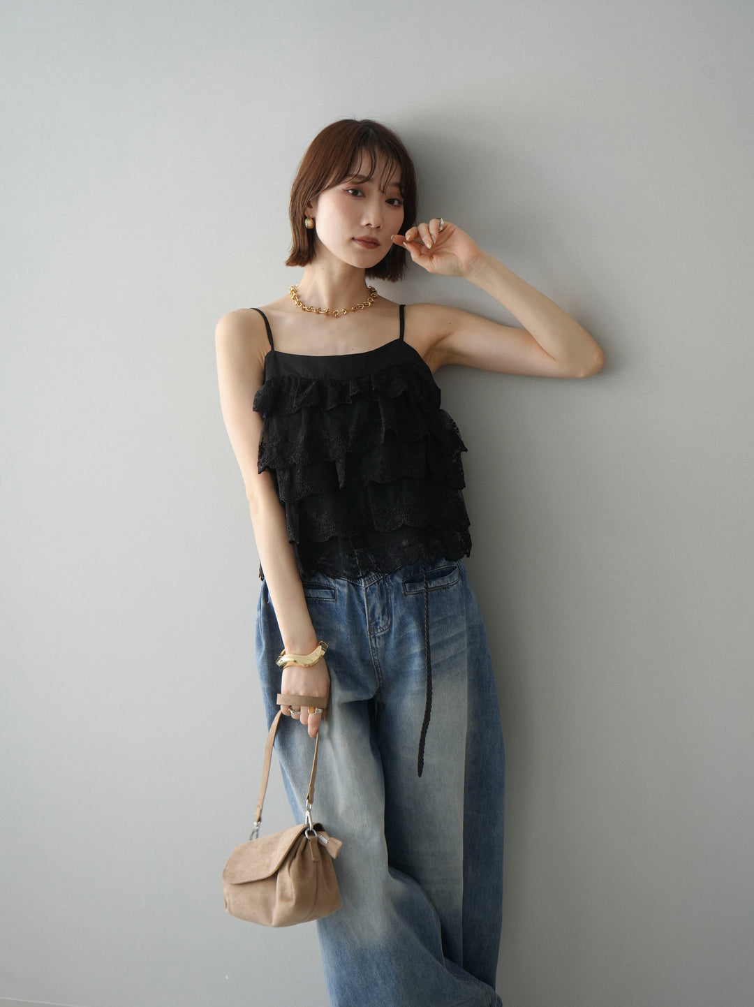 [SET]スカラップレースフリルキャミソール+フロントポケットサイドタックワイドデニム(2set)