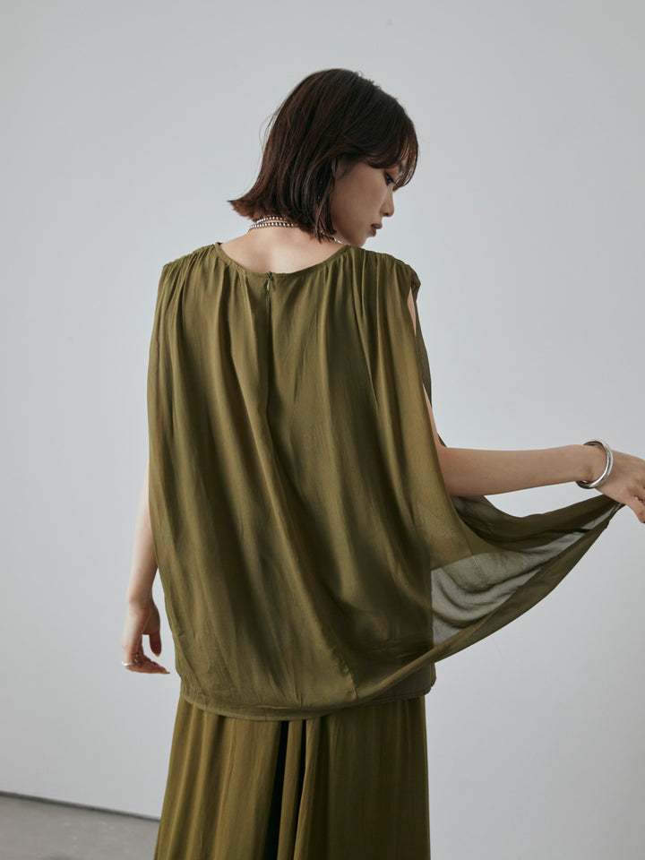 [預購] 透視褶肩襯衫/綠色
