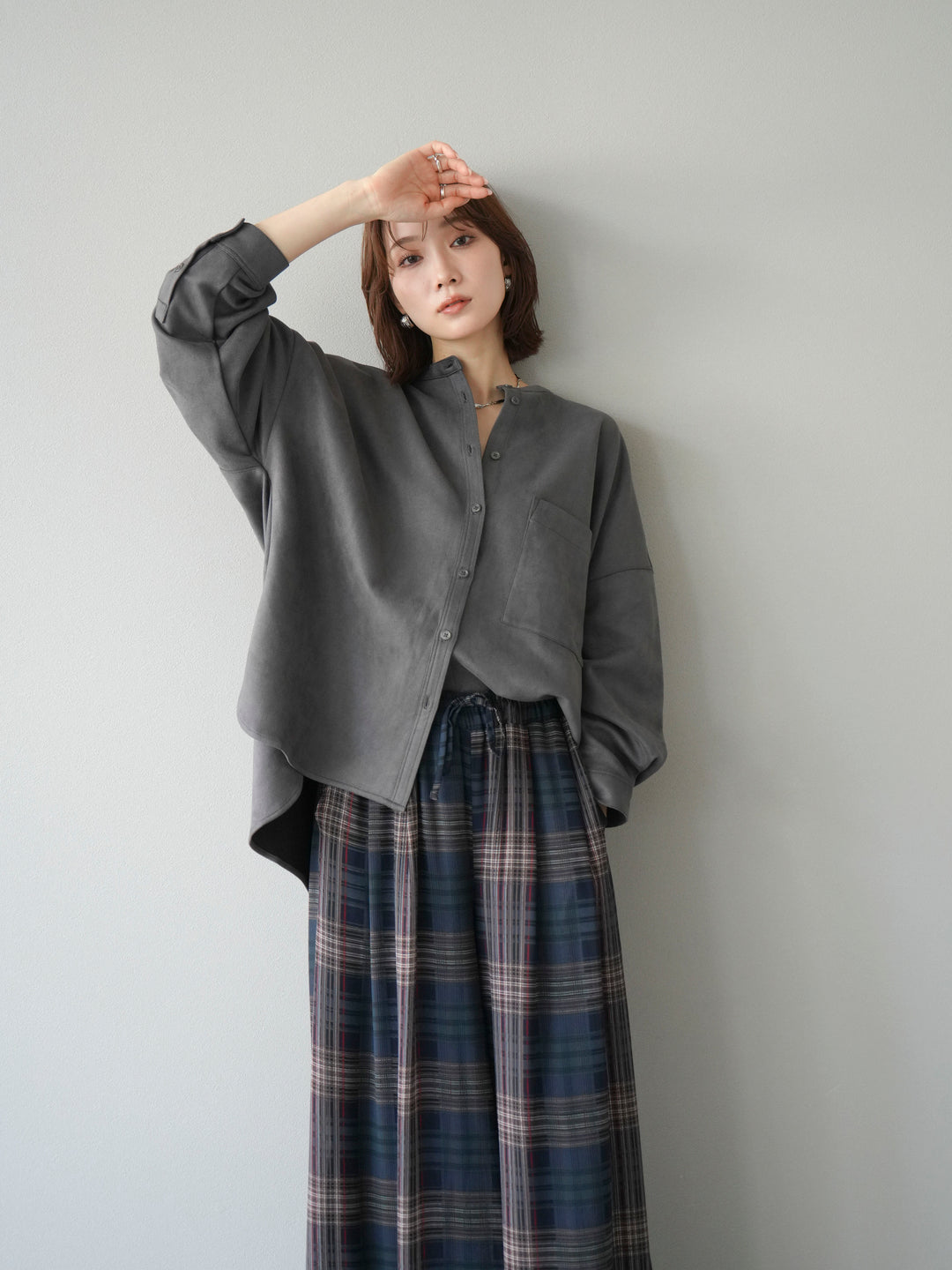 [SET]スエードバンドカラーオーバーシャツ+シアーチェックバギーパンツ(2set)