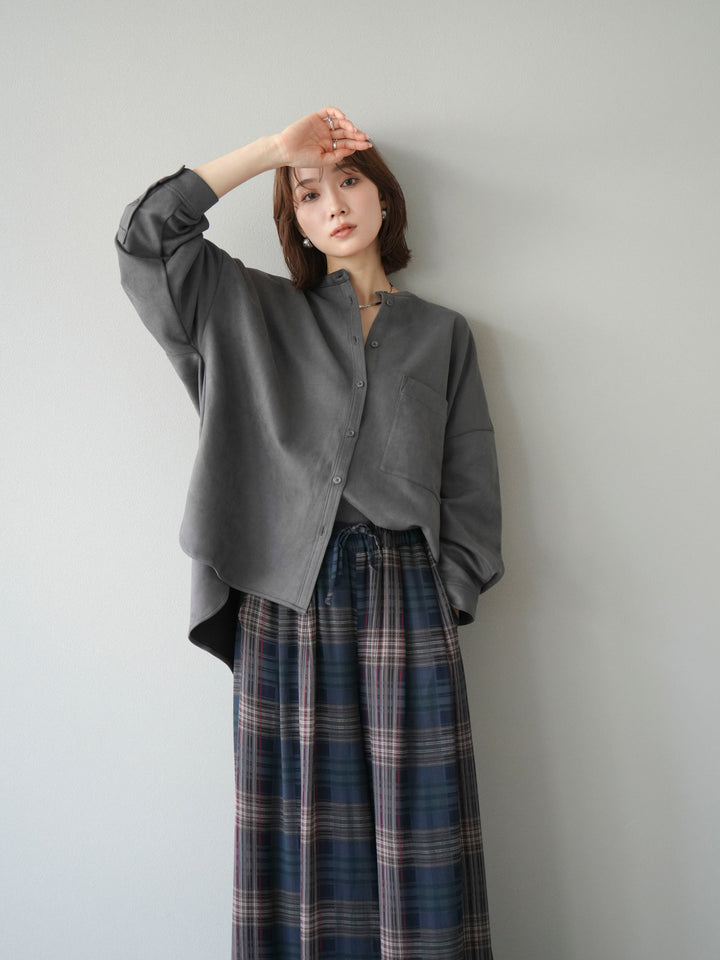 [SET]スエードバンドカラーオーバーシャツ+シアーチェックバギーパンツ(2set)