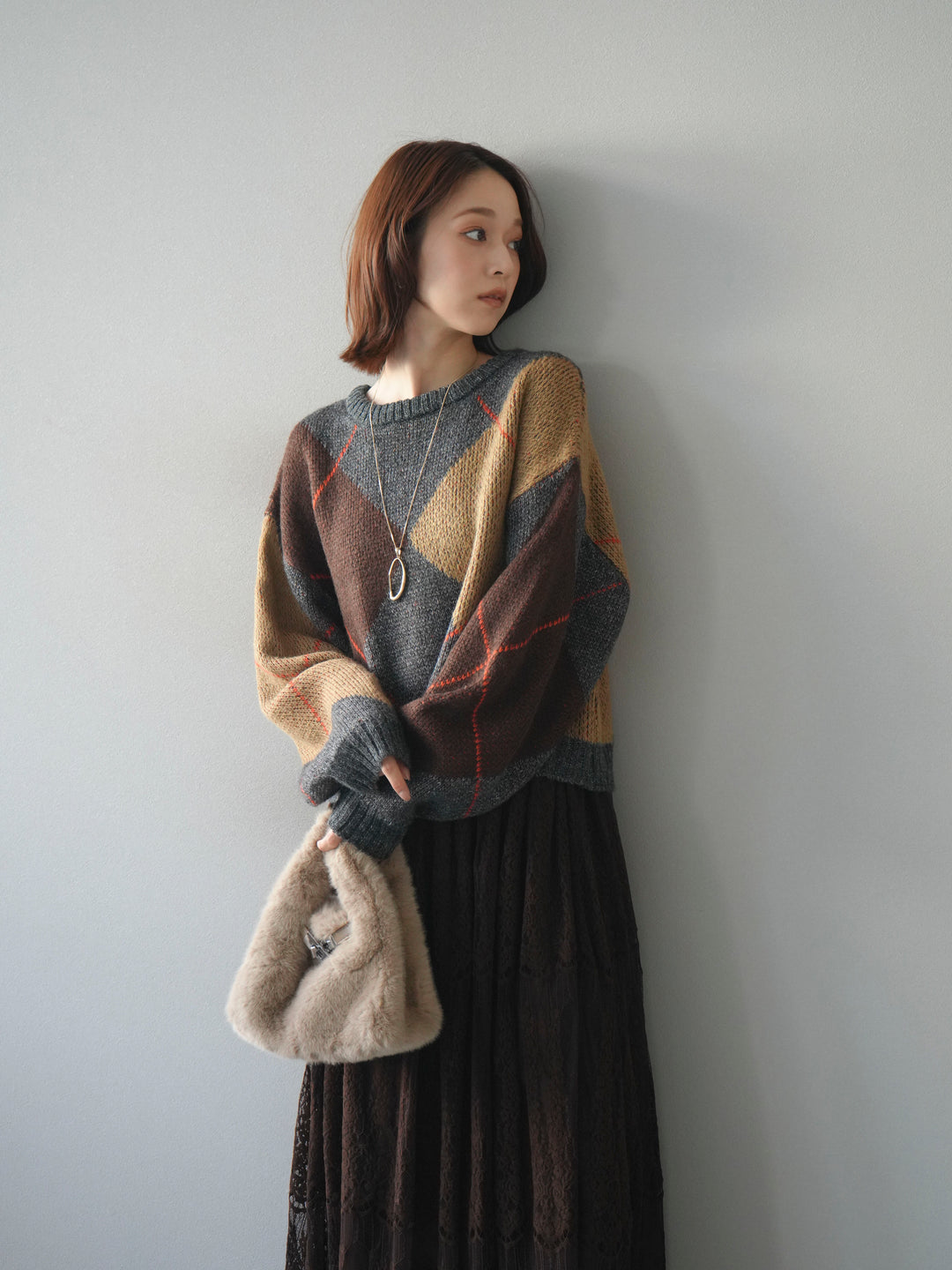 [SET]配色ステッチアーガイル柄ニットプルオーバー+ヴィンテージライクメッシュレーススカート(2set)