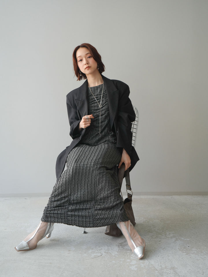 [SET]シャーリングジャガードノースリーブワンピース+エフォートレステイラードジャケット(2set)