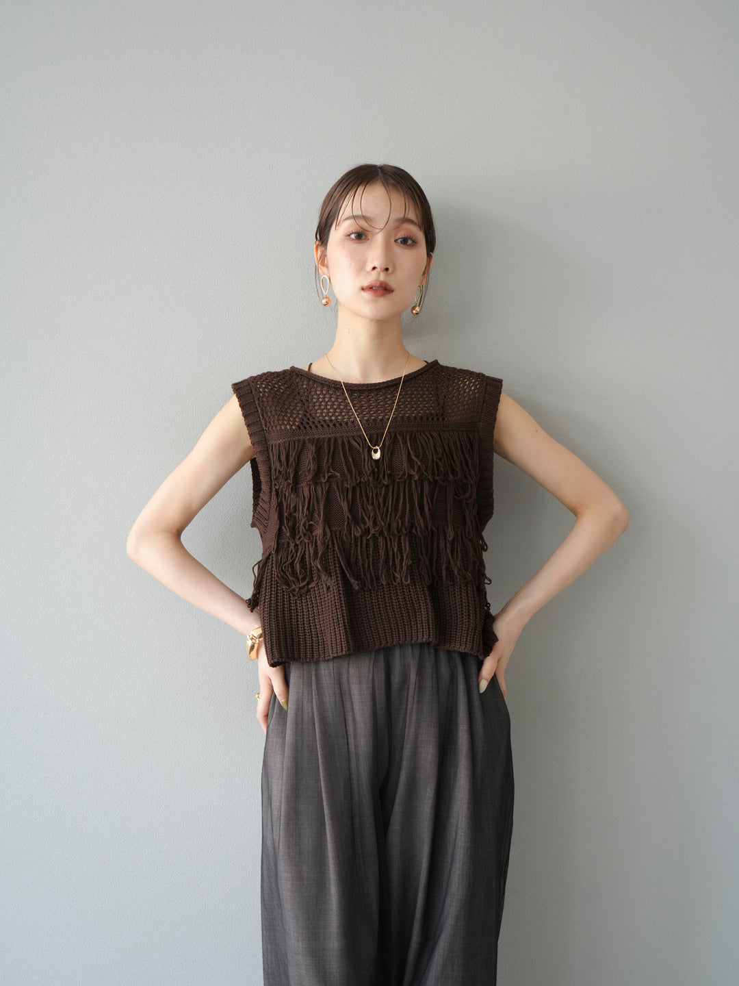 [SET]透かし編みフリンジニットトップス+コード刺繍チュールレイヤードパンツ(2set)