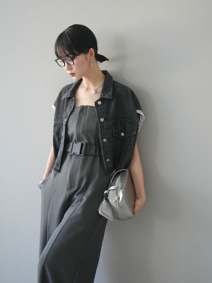 [予約]袖レースダメージデニムショートジャケット/ブラック