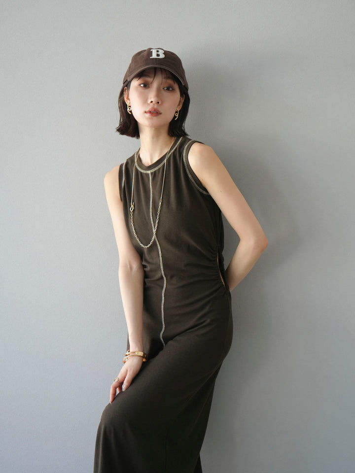 [予約]ウエストオープンステッチカットワンピース/ブラウン