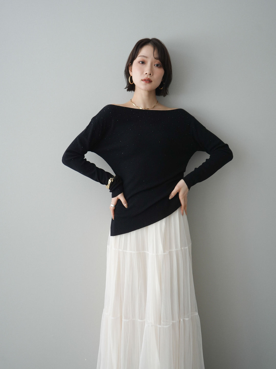 [予約]ラインストーンアシンメトリーニットトップス/black