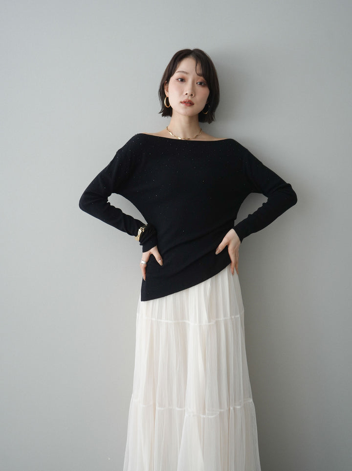 [予約]ラインストーンアシンメトリーニットトップス/black