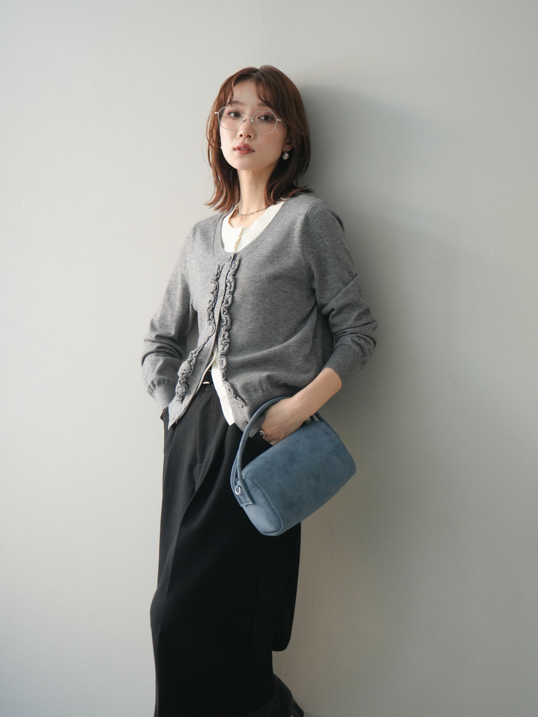 [予約]配色レイヤードフリルデザインニットカーディガン/gray