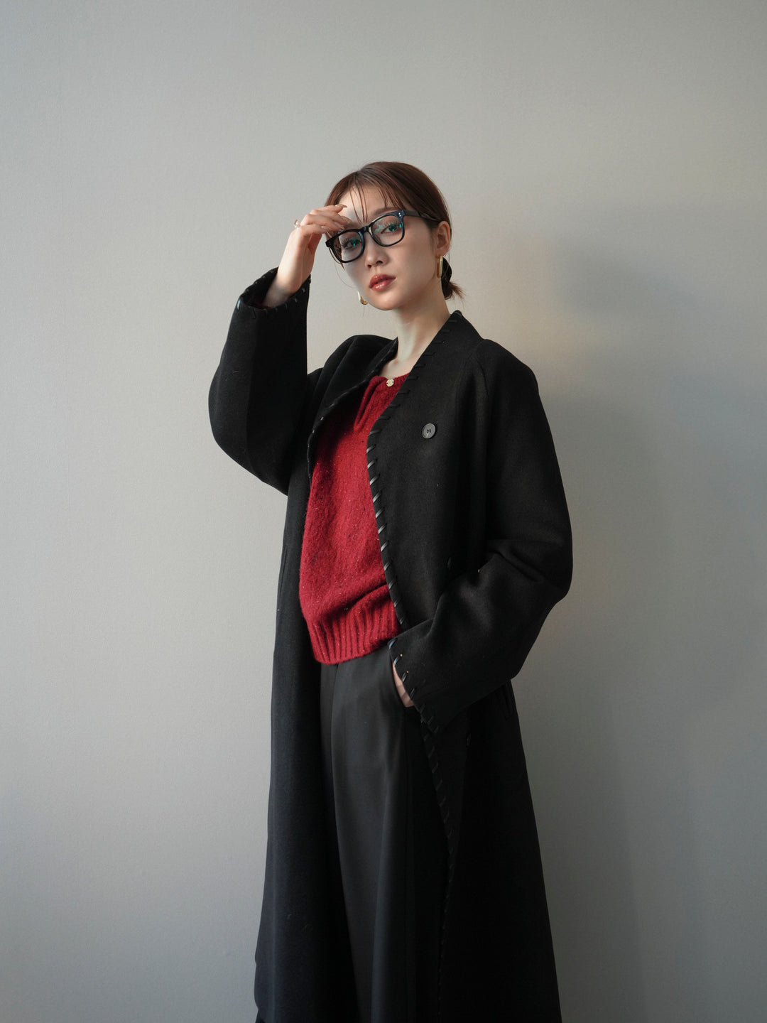 [予約]ハンドステッチ裏中綿ロングコート/black