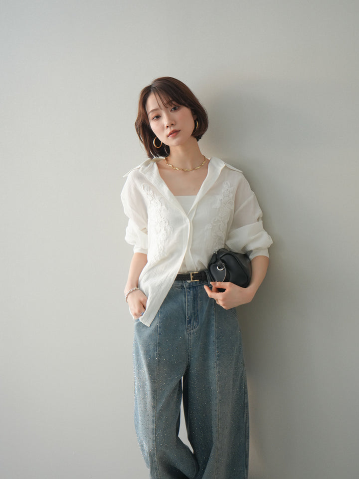 [SET]楊柳刺繍ブラウス+フロントビジューカーブデニムパンツ(2set)