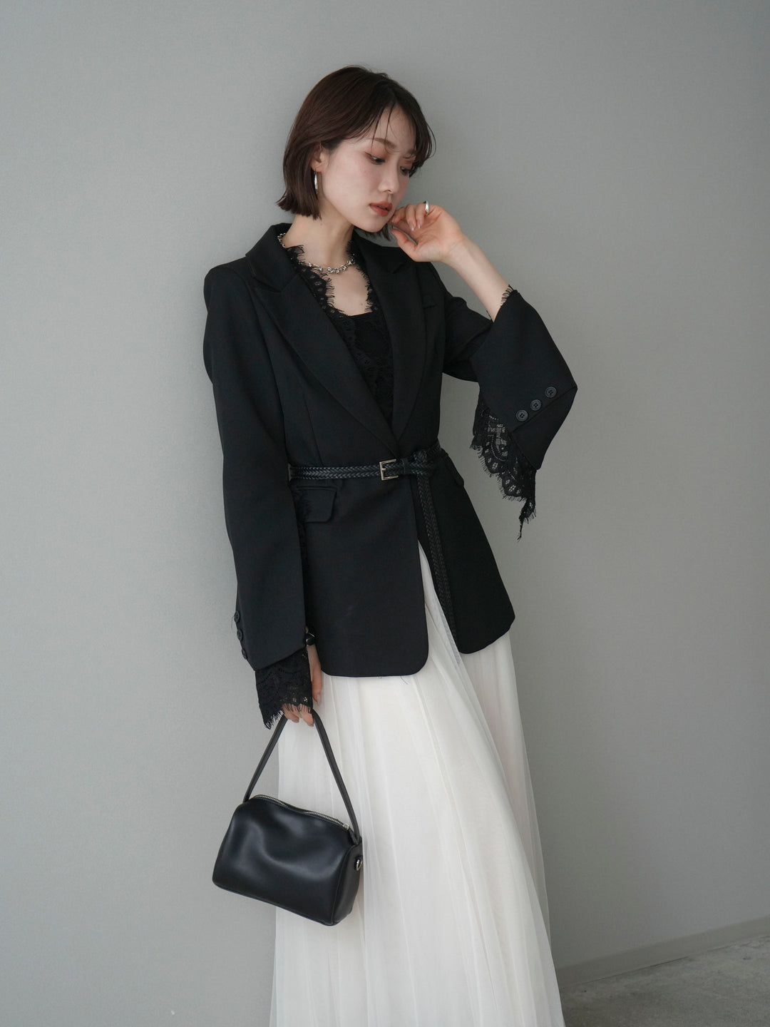 [SET]レースレイヤードスリットジャケット+チュールボリュームスカート(2set)