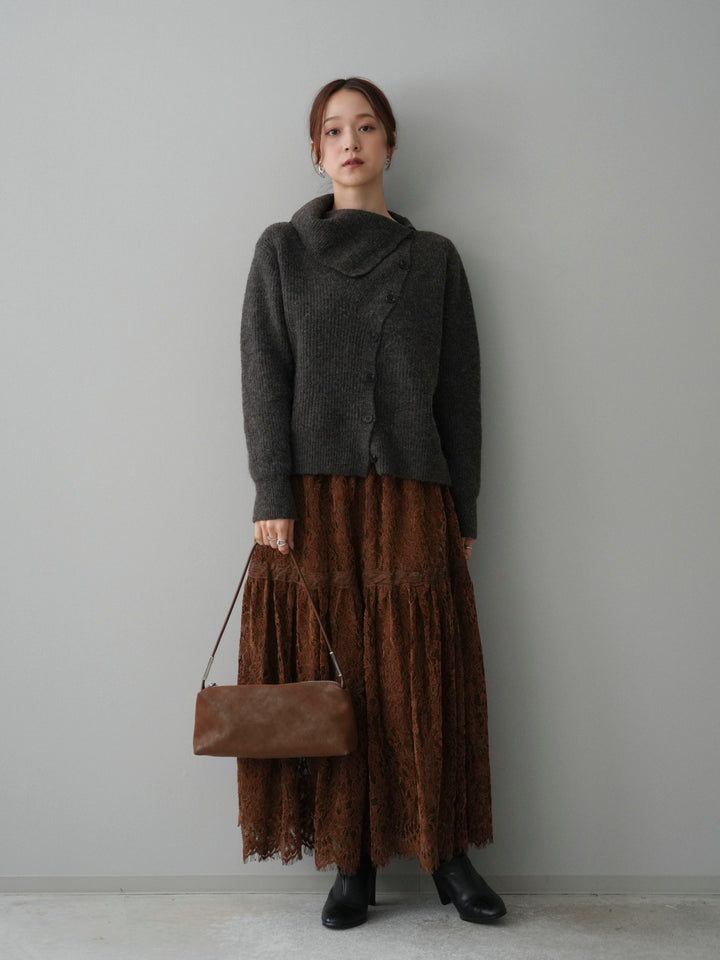 [SET]ハイネックデザインボタンニットカーディガン+起毛レースティアードスカート(2set)