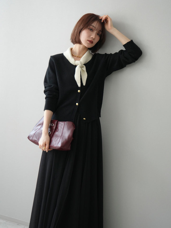 [予約]デザイン襟ニットカーディガン/black