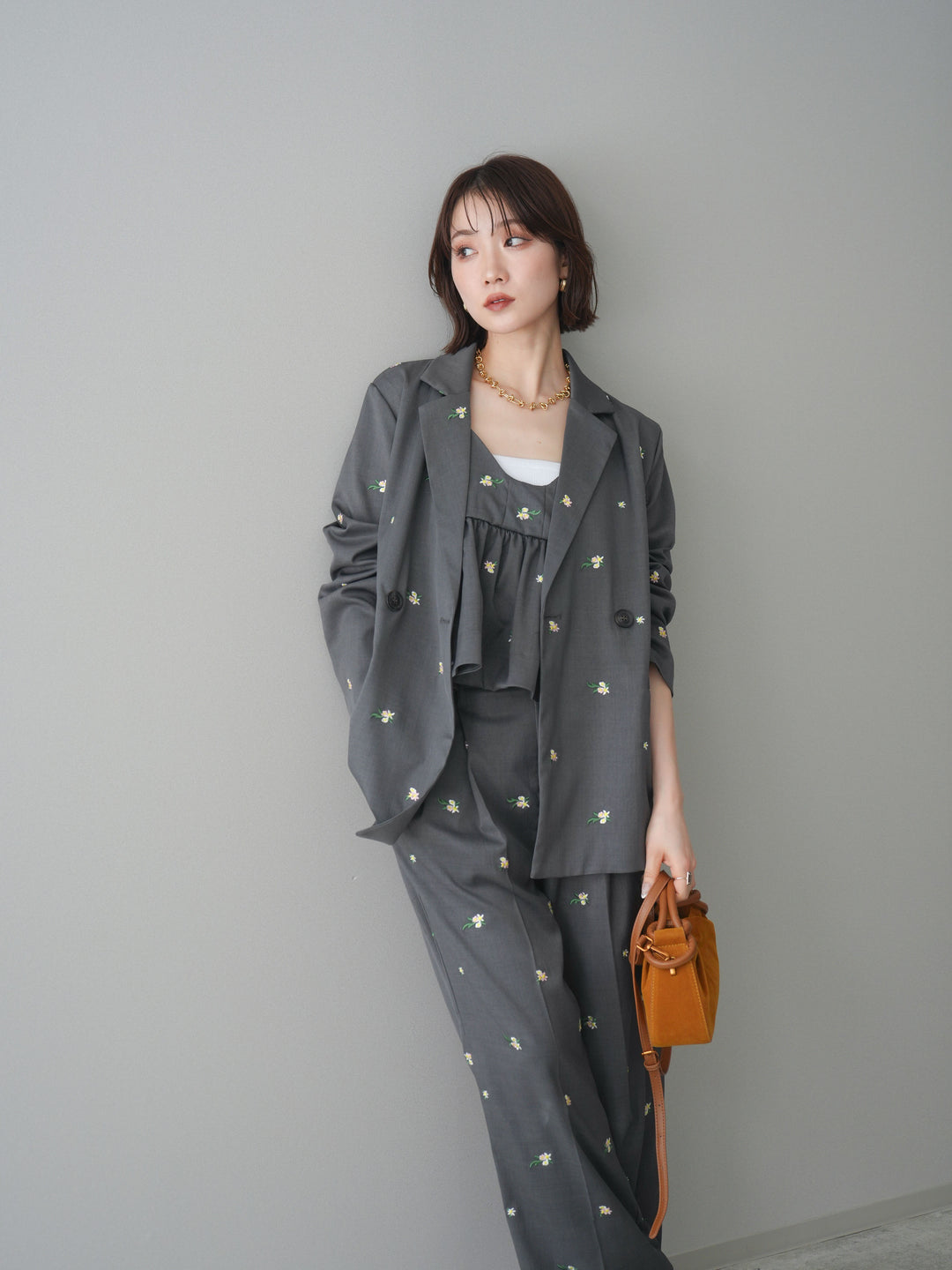 [予約]フラワー刺繍テーラードジャケット/gray