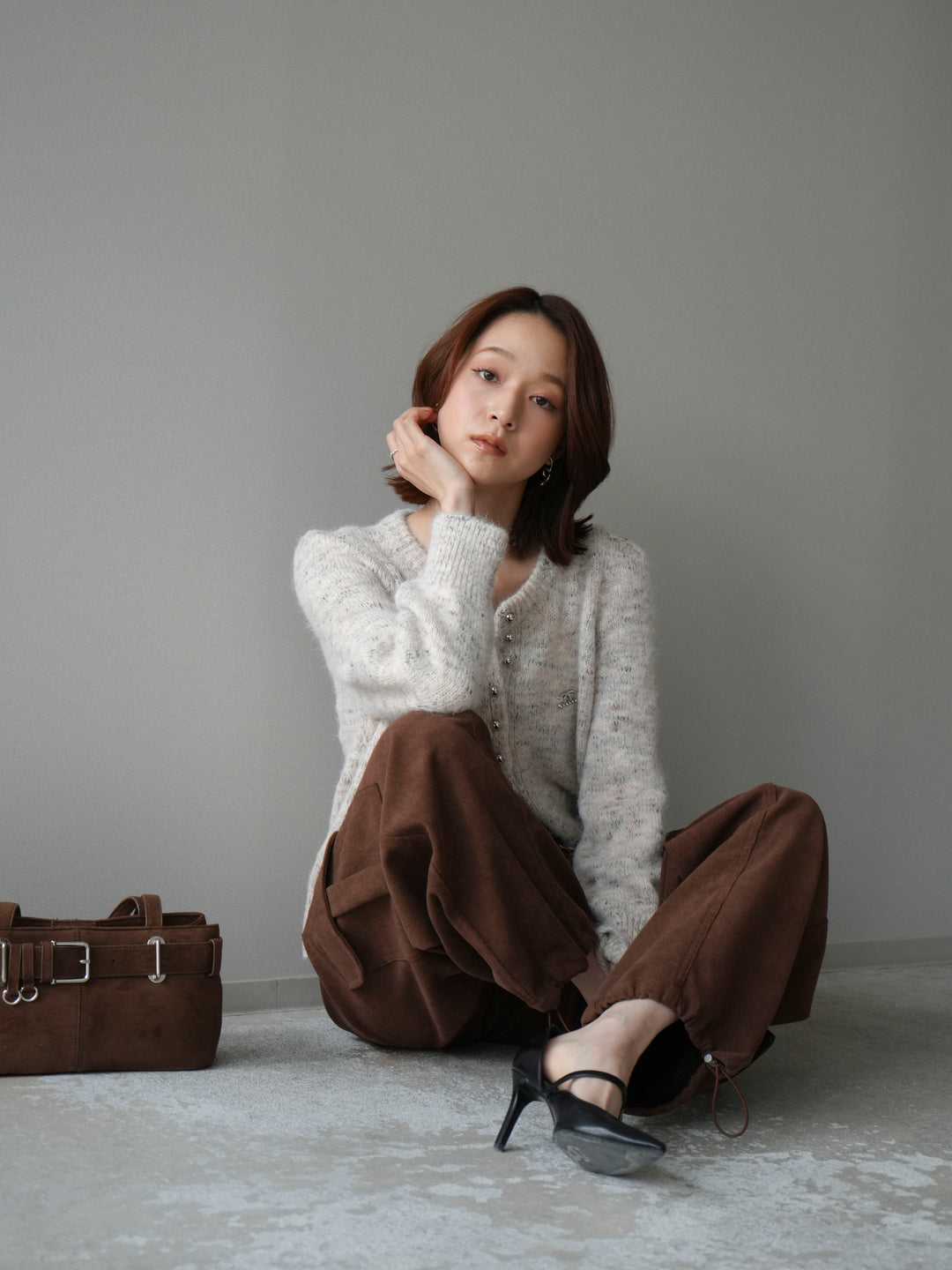 [予約]ブローチ付silverボタンミックスニットカーディガン/beige