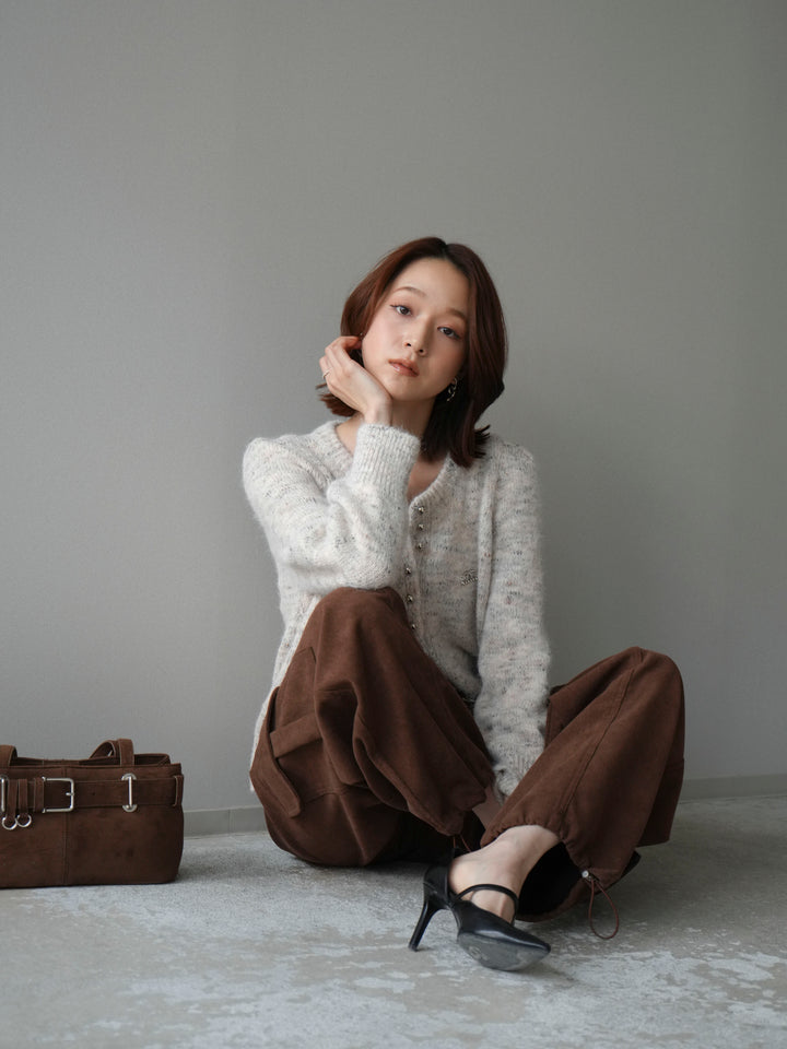 [予約]ブローチ付silverボタンミックスニットカーディガン/beige