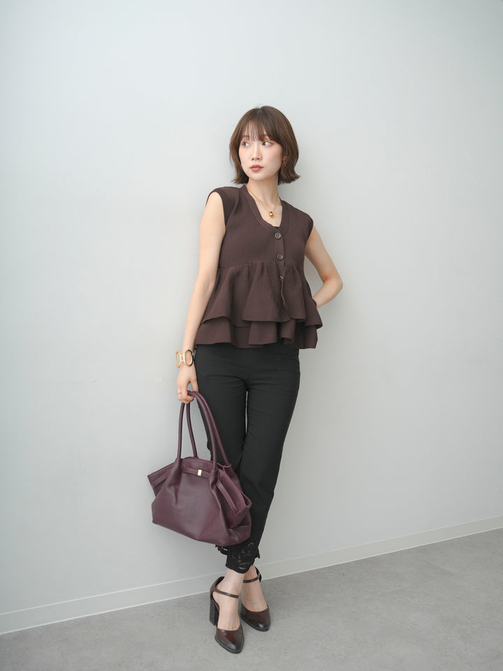 [予約]ダブルフリルペプラムノースリニットトップス/brown