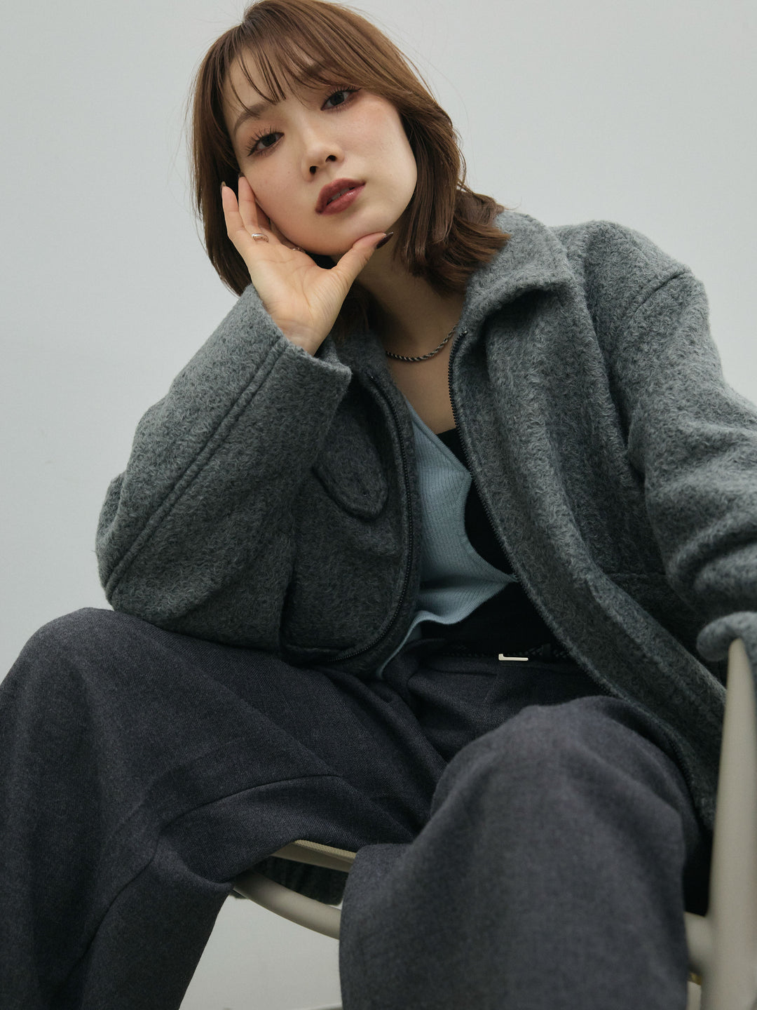 【Allure】[SET]スタンドカラーシャギーフライトジャケット+フロントツイストホールリブニットトップス+ループデザインツイルワイドパンツ(3set)