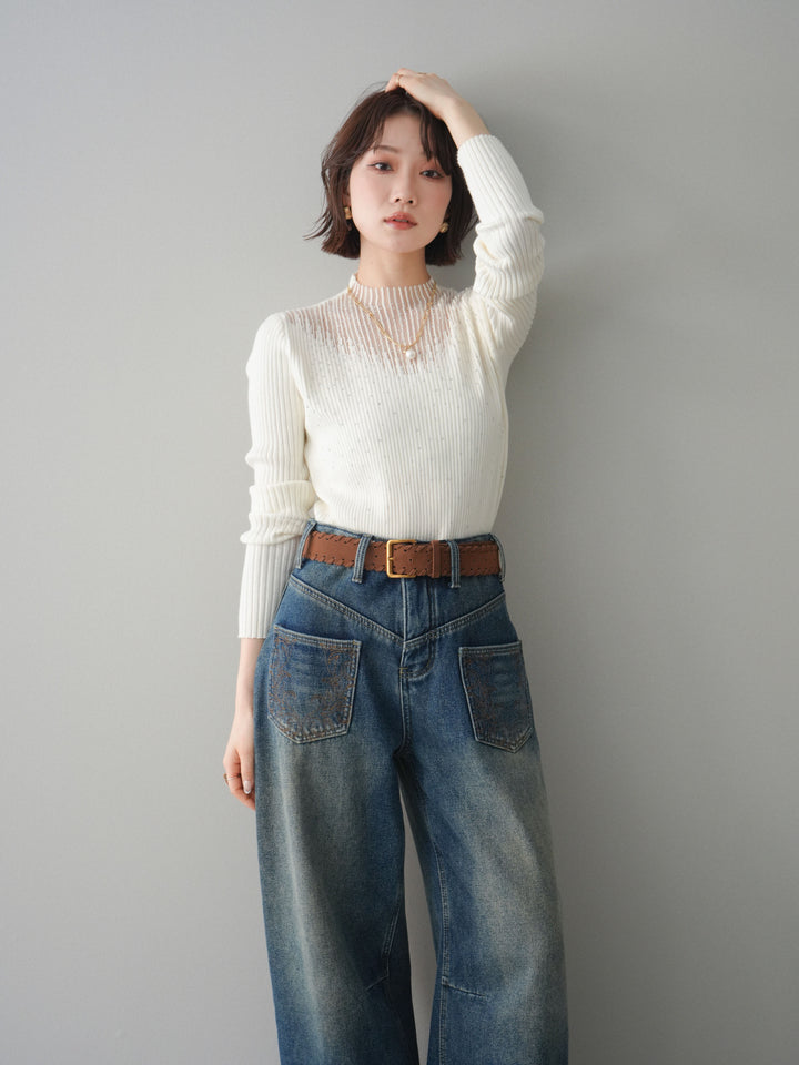 [SET]シアー切替スパンコールリブニットトップス+ベルト付ポケット刺繍カーブデニムパンツ(2set)