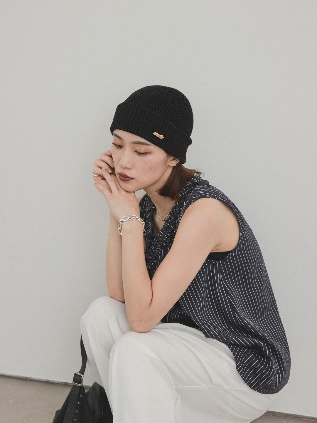 【預購】條紋荷葉邊襯衫/黑色