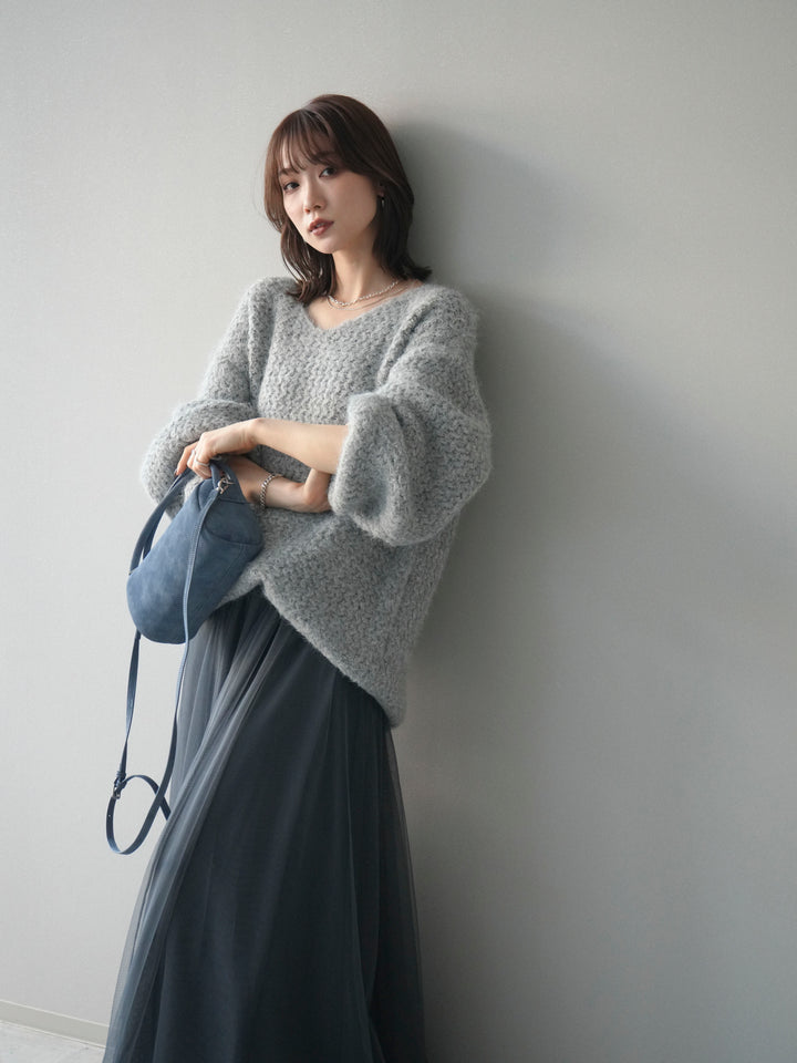 [予約]ウールタッチラメミックスヤーンVネックニットプルオーバー/lightgray