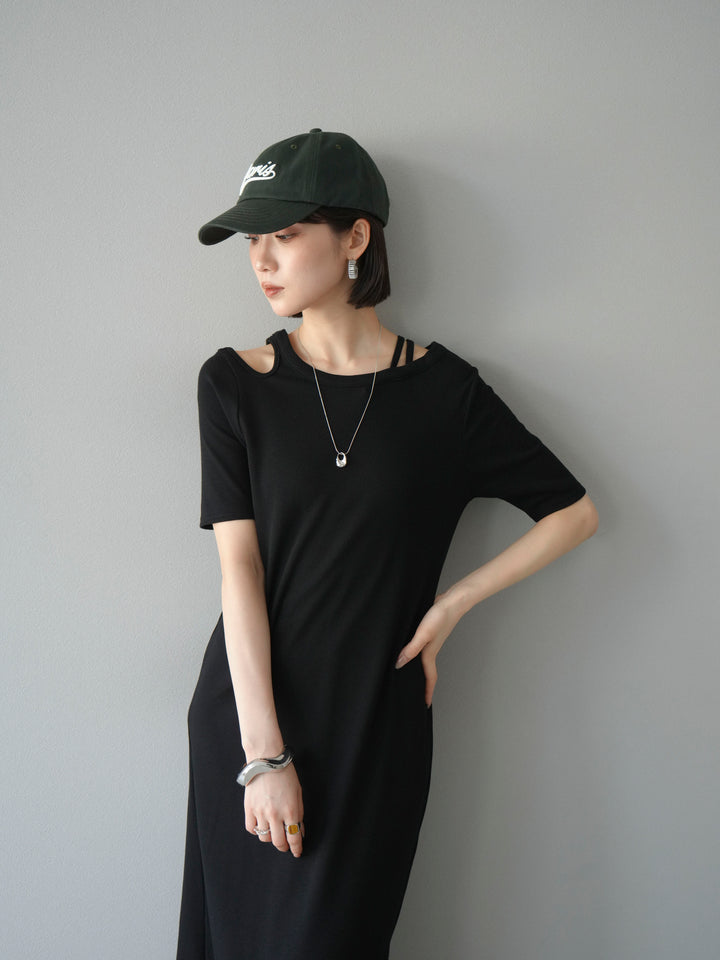 [予約]デザインネックカットリブワンピース/ブラック