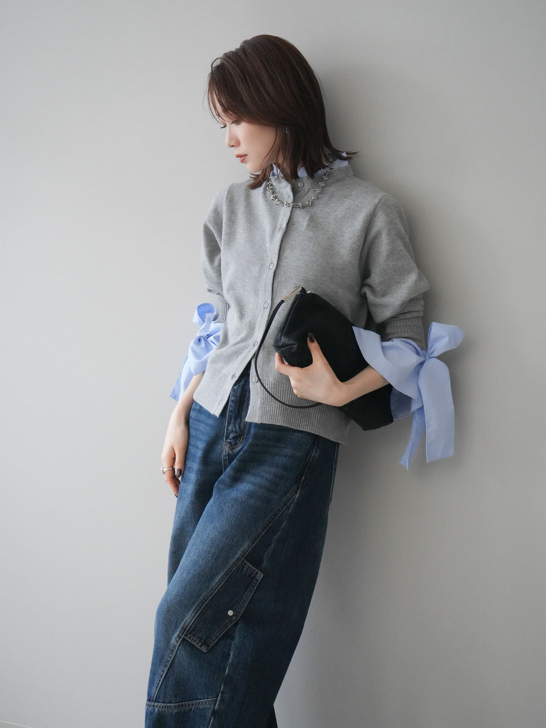 [予約]ウールライクリボンシャツカーディガン/gray