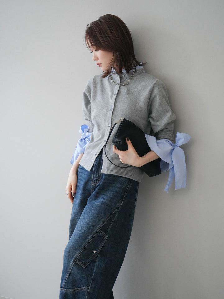 [予約]ウールライクリボンシャツカーディガン/gray