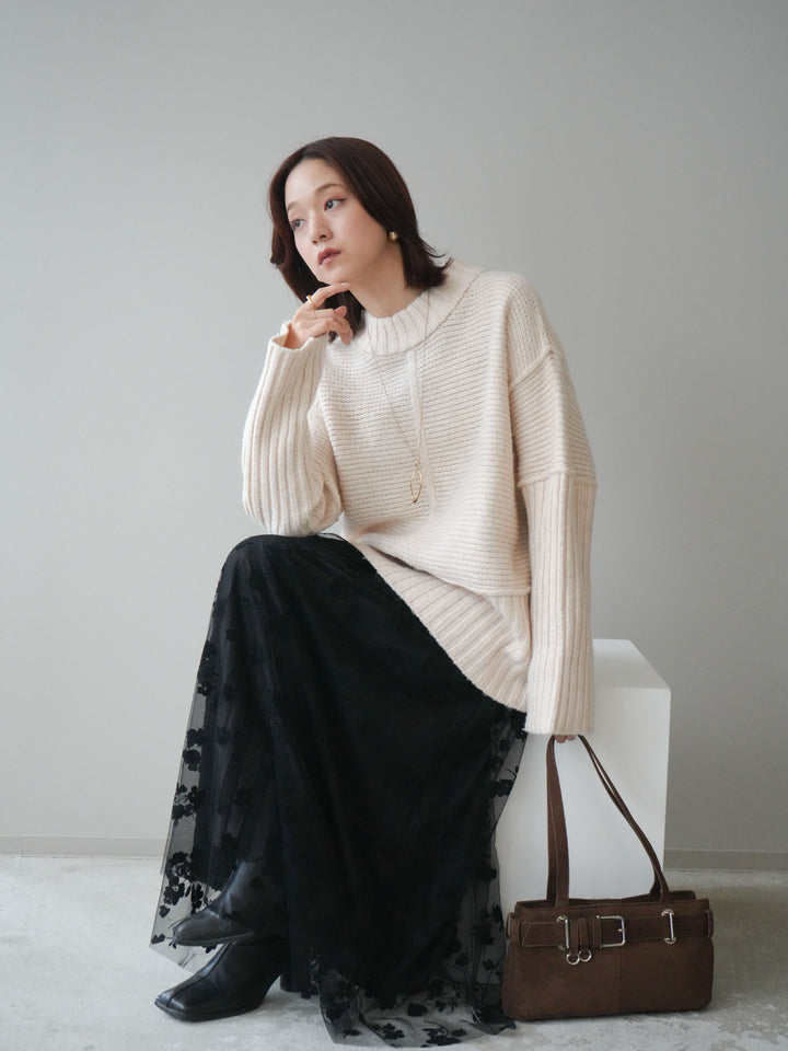 [SET]編み地切替ボトルネックニットプルオーバー+フラワーフロッキーチュールプリーツスカート(2set)