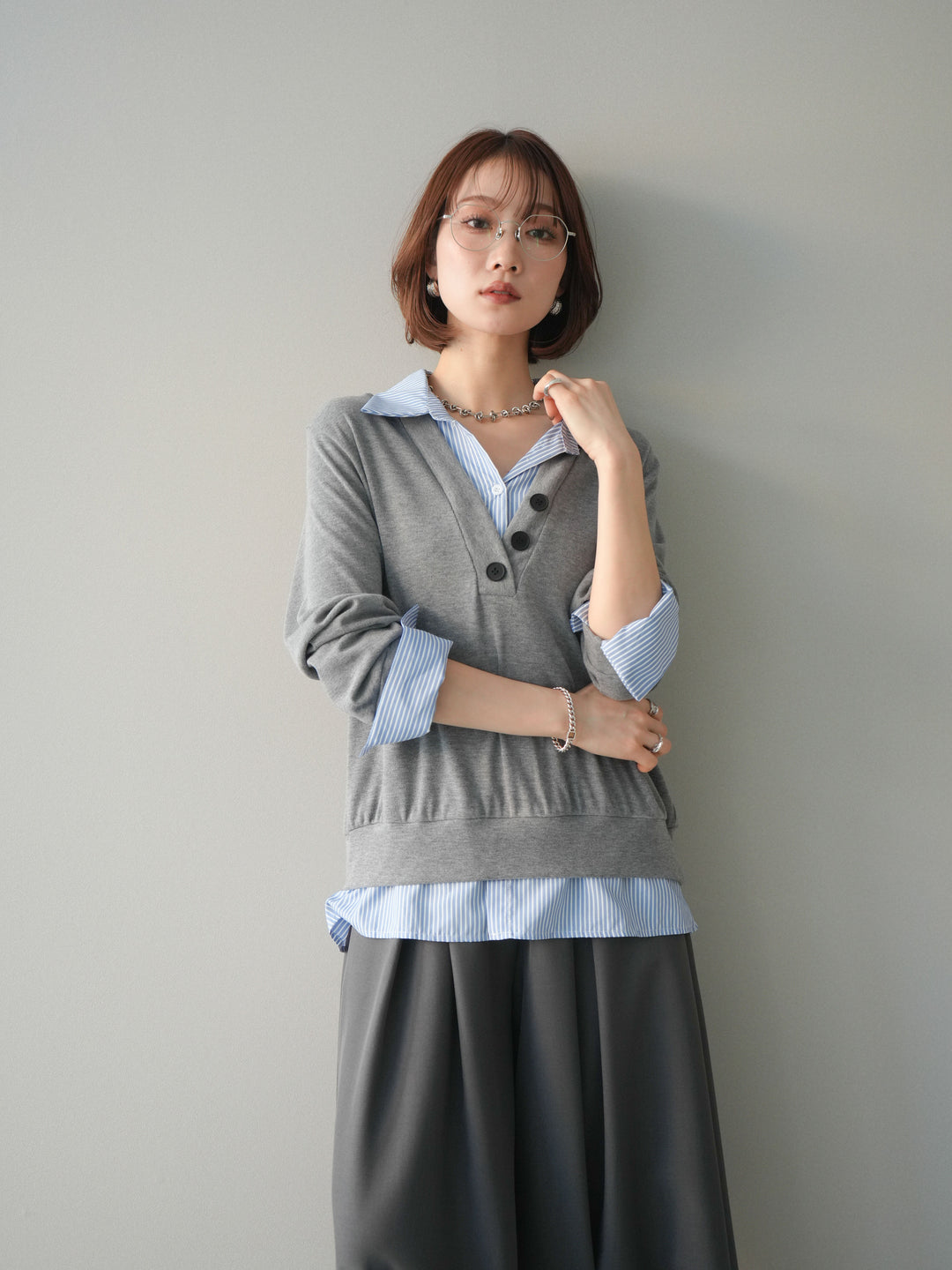 [予約]シャツレイヤードデザインカットプルオーバー/lightgray