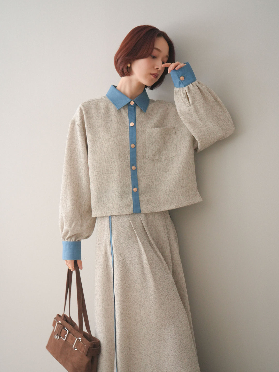[SET]異素材サマーツイードシャツ+異素材サマーツイードタックフレアスカート(2set)