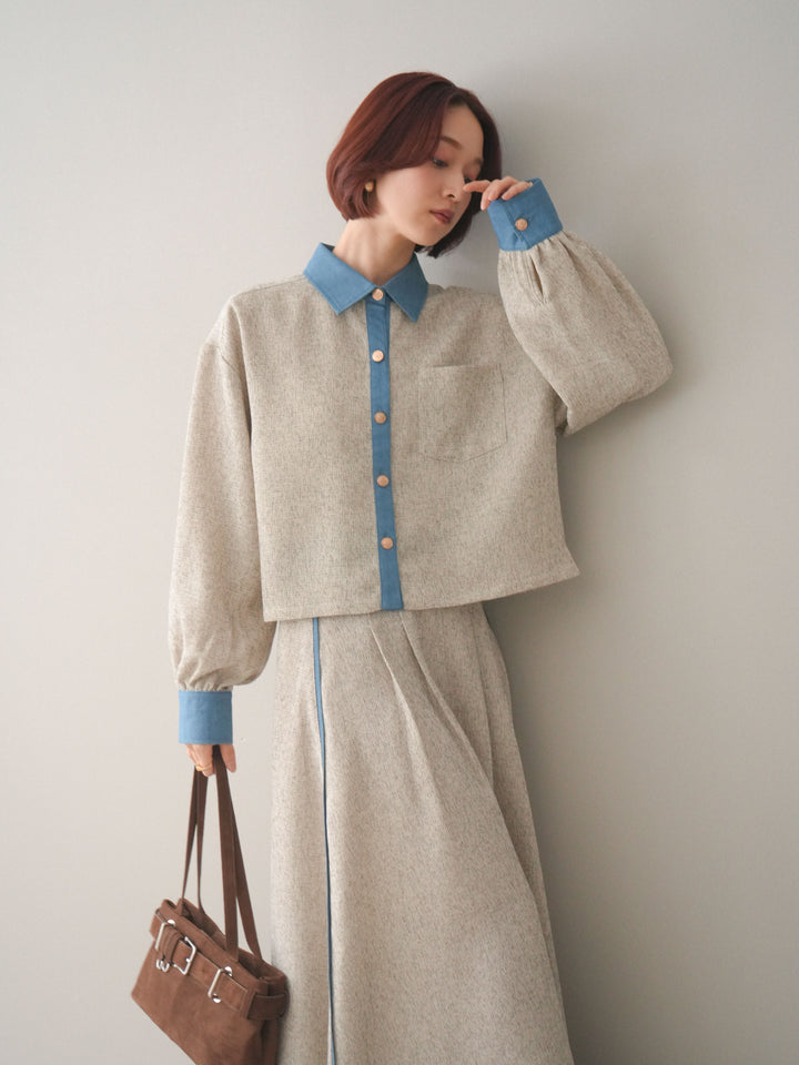 [SET]異素材サマーツイードシャツ+異素材サマーツイードタックフレアスカート(2set)