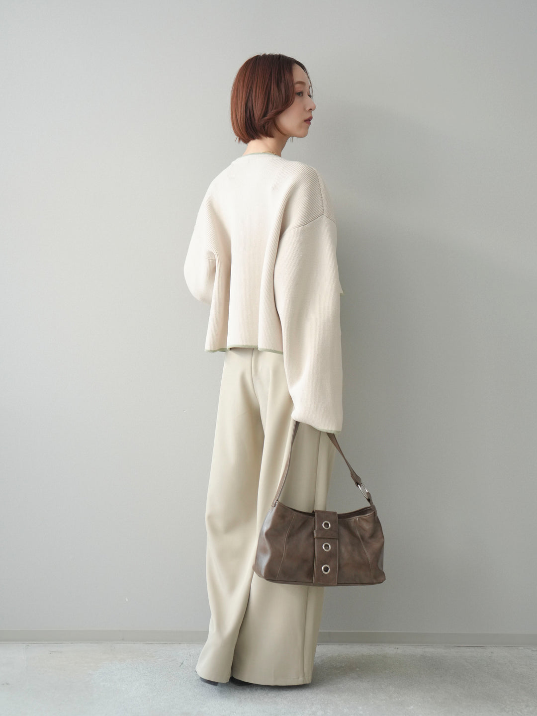 [SET]ポリエステル配色ニットカーディガン+ウエストレースタックワイドパンツ(2set)