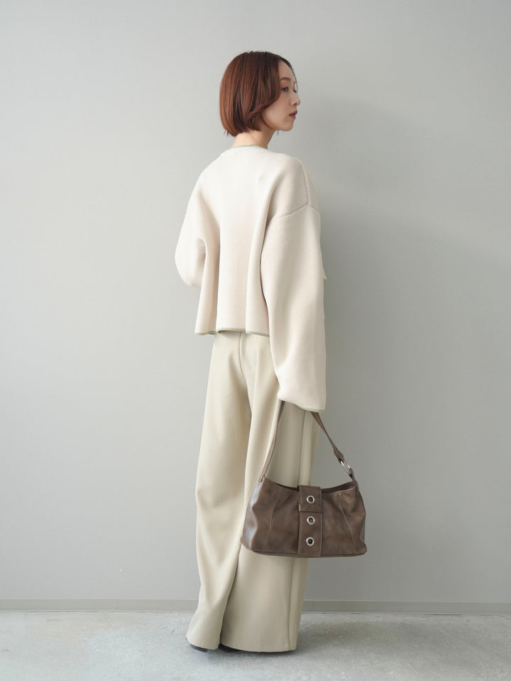 [SET]ポリエステル配色ニットカーディガン+ウエストレースタックワイドパンツ(2set)