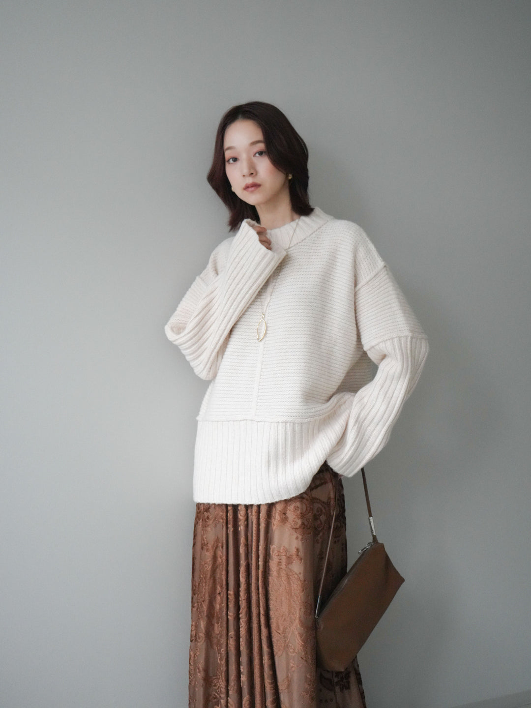 [SET]編み地切替ボトルネックニットプルオーバー+アンティーク柄フロッキーマキシスカート(2set)