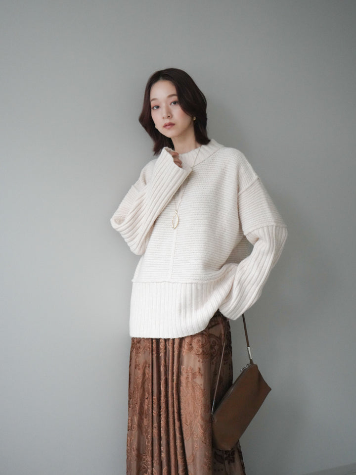 [SET]編み地切替ボトルネックニットプルオーバー+アンティーク柄フロッキーマキシスカート(2set)