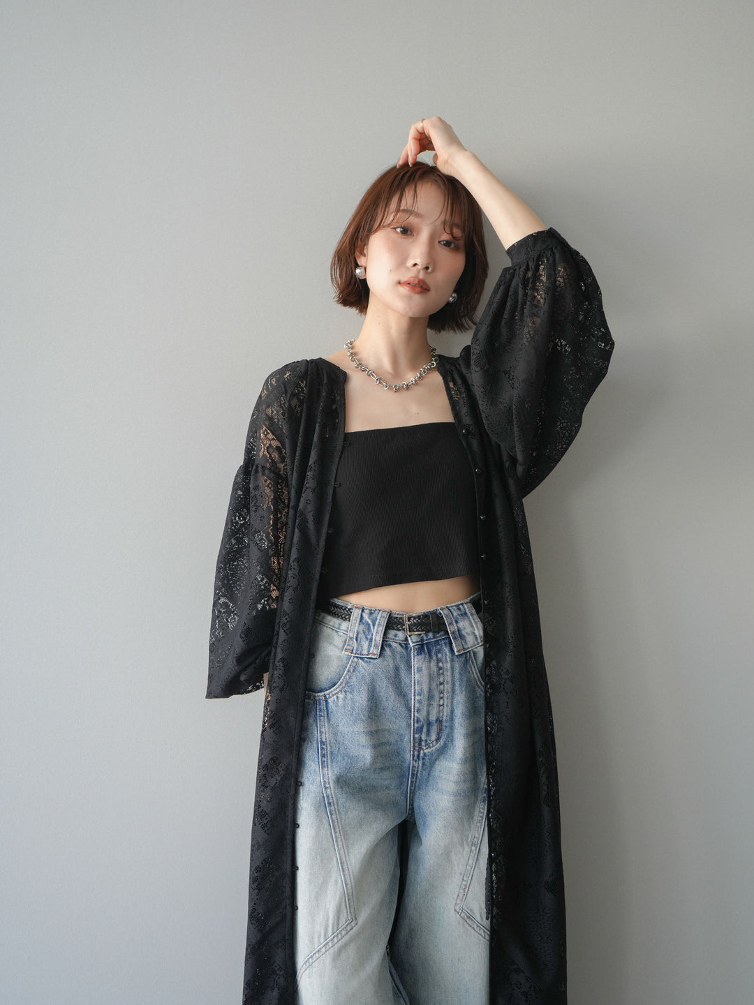 【預購】薄紗蕾絲長裙 / 黑色