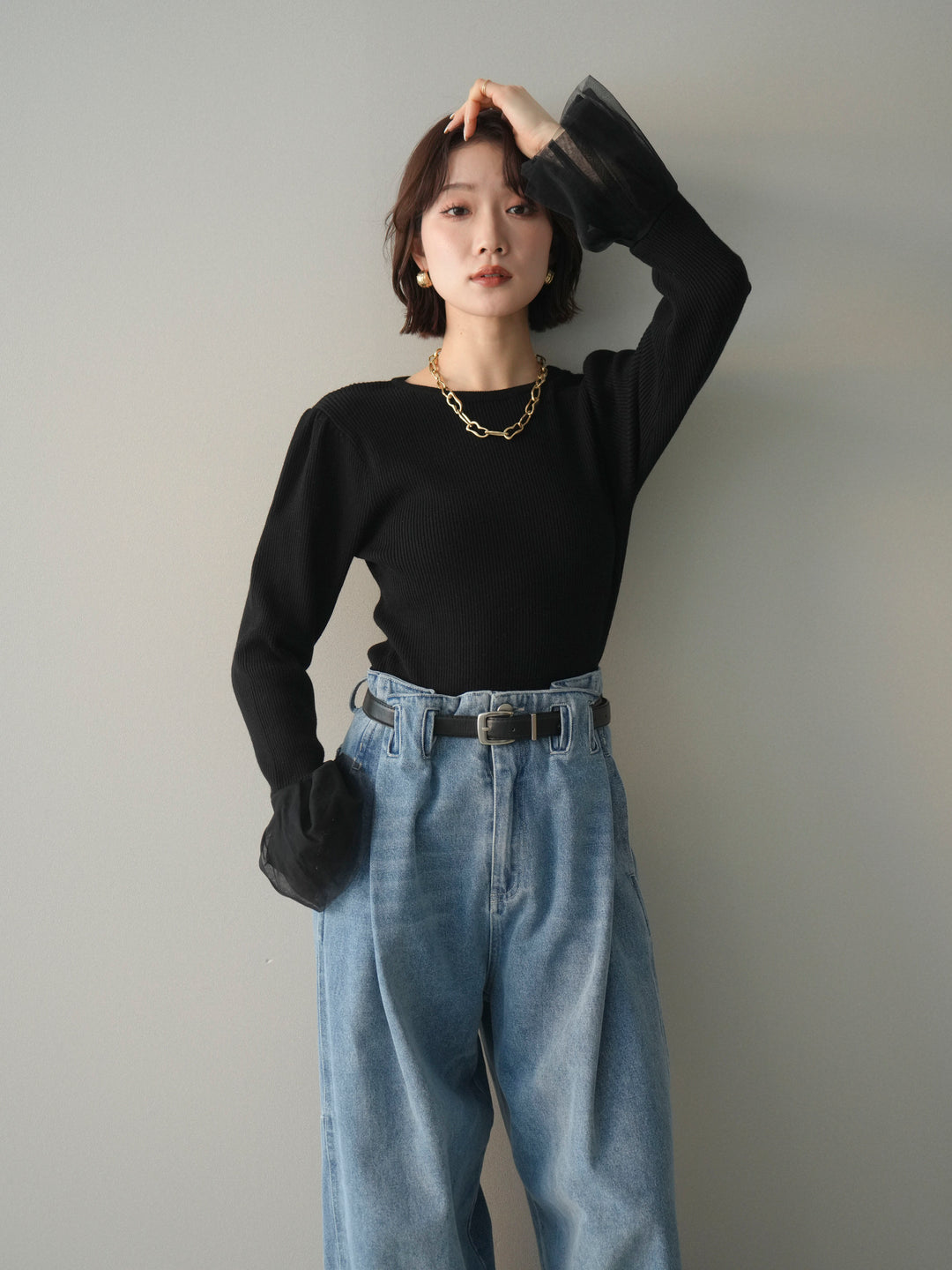 [SET]袖チュールパワショルリブニットトップス+袖チュールパワショルリブニットトップス(2set)