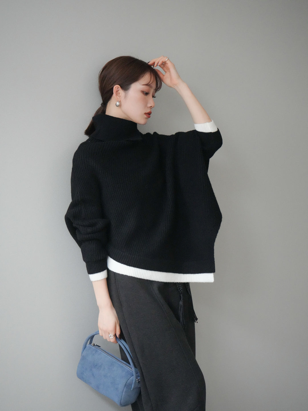 [予約]配色アシンメトリードルマンニットプルオーバー/black