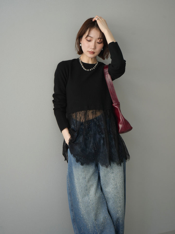 [SET]クルーネックレースドッキングリブニットトップス+フロントビジューカーブデニムパンツ(2set)