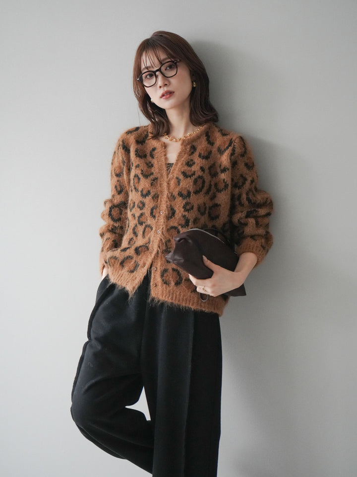 [予約]モヘアタッチレオパード柄ニットカーディガン/khaki