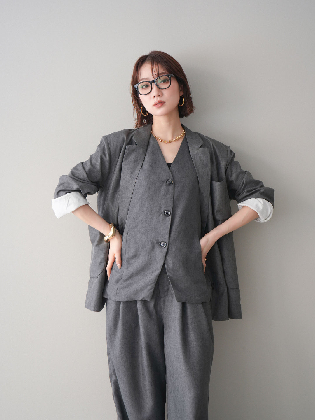 [SET]リネンライクテーラードジャケット+リネンライクバックオープンジレ+リネンライクタックワイドパンツ(3set)