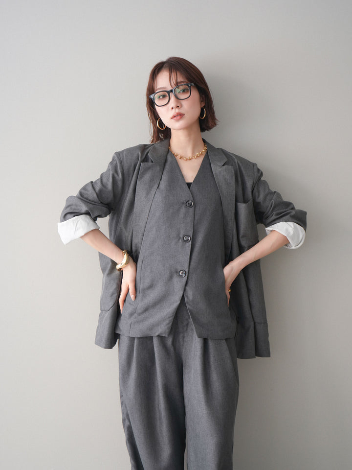 [SET]リネンライクテーラードジャケット+リネンライクバックオープンジレ+リネンライクタックワイドパンツ(3set)