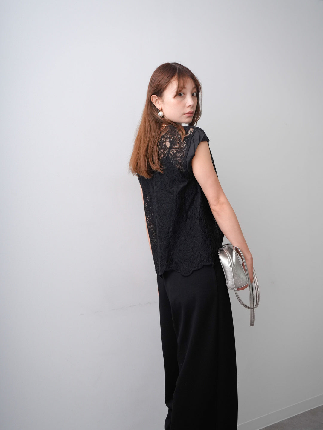[SET]スカラップヘムレーストップス+リラックスドレープスウェットパンツ(2set)