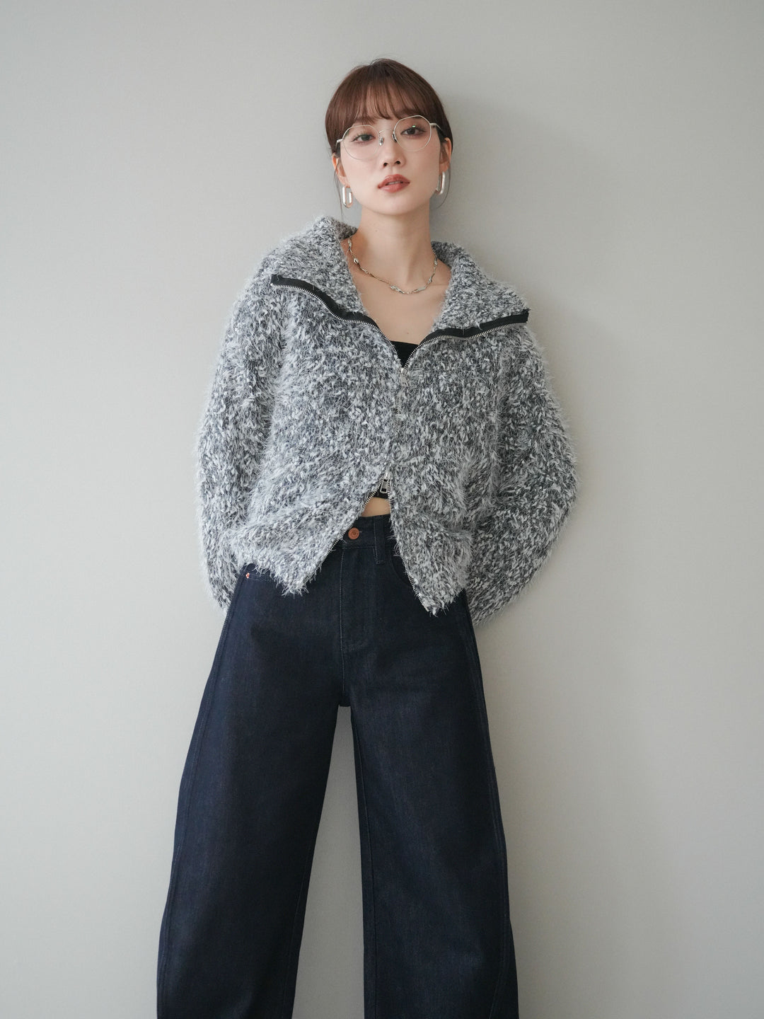 [予約]ミックスシャギージップニットカーディガン/black