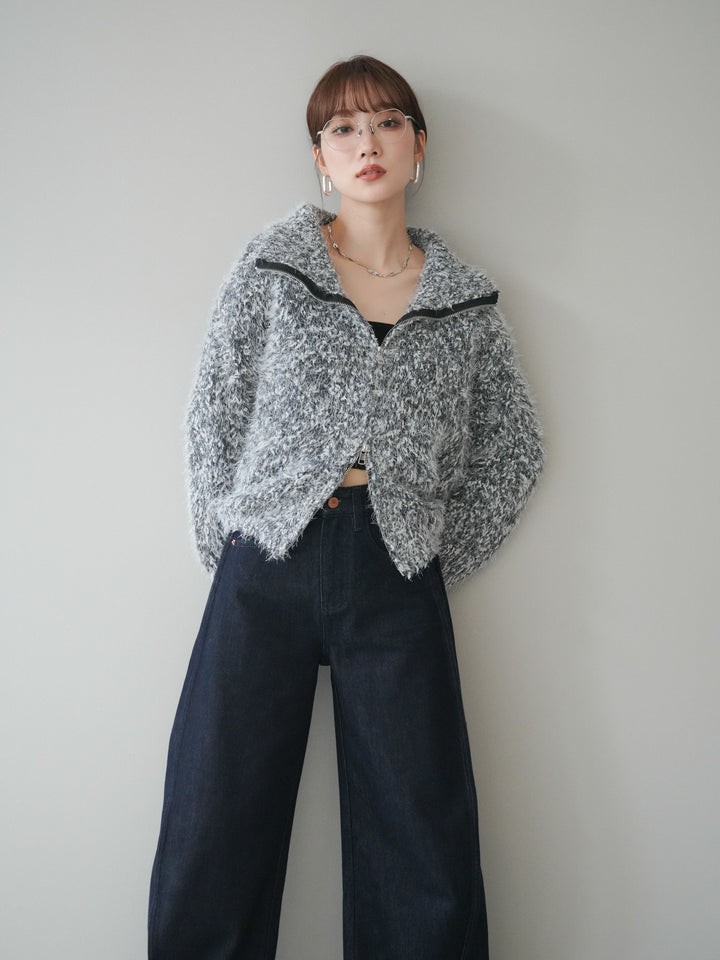 [予約]ミックスシャギージップニットカーディガン/black