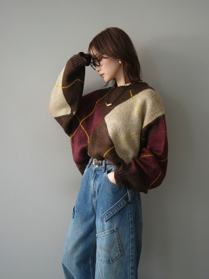 [予約]配色ステッチアーガイル柄ニットプルオーバー/brown