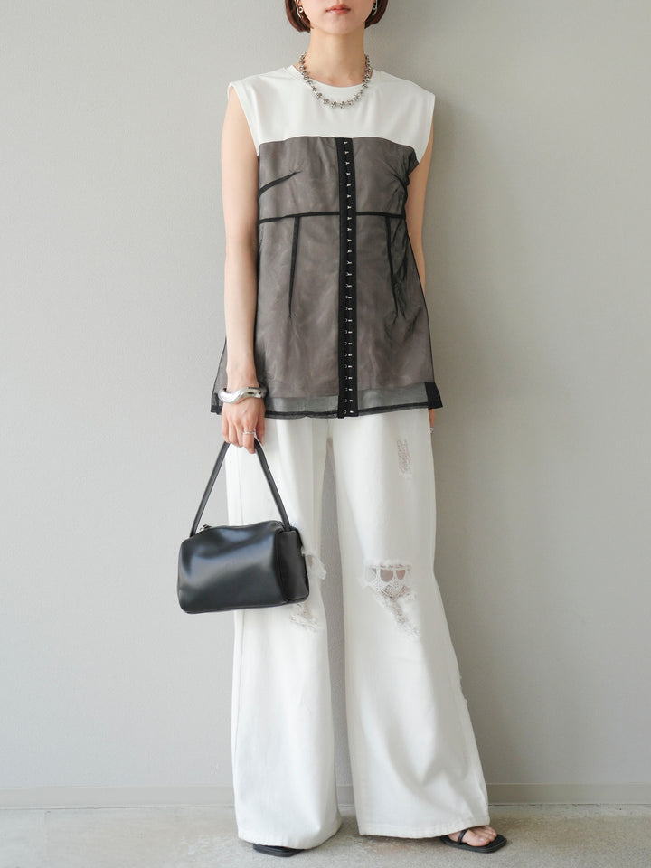 [預訂] 薄紗對接鉤設計剪裁套頭衫/脫下