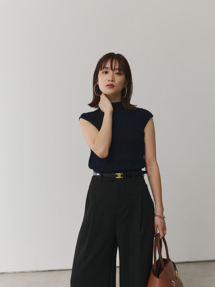 【Allure】[SET]ミックスヤーンデザインリブフレンチスリーブニット+デザインタックセンターシームアイドパンツ(2set)